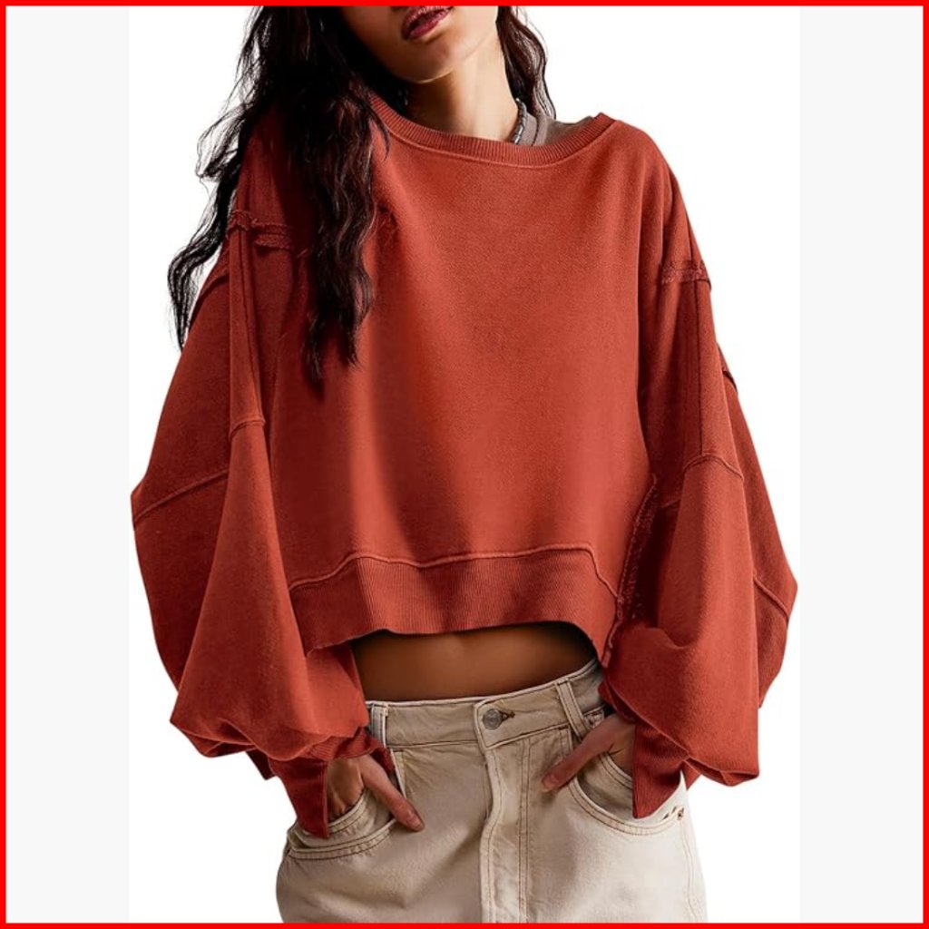 Long Sleeve Crop Sweatshirt With Side Slits, Loose Fit Pullover Top